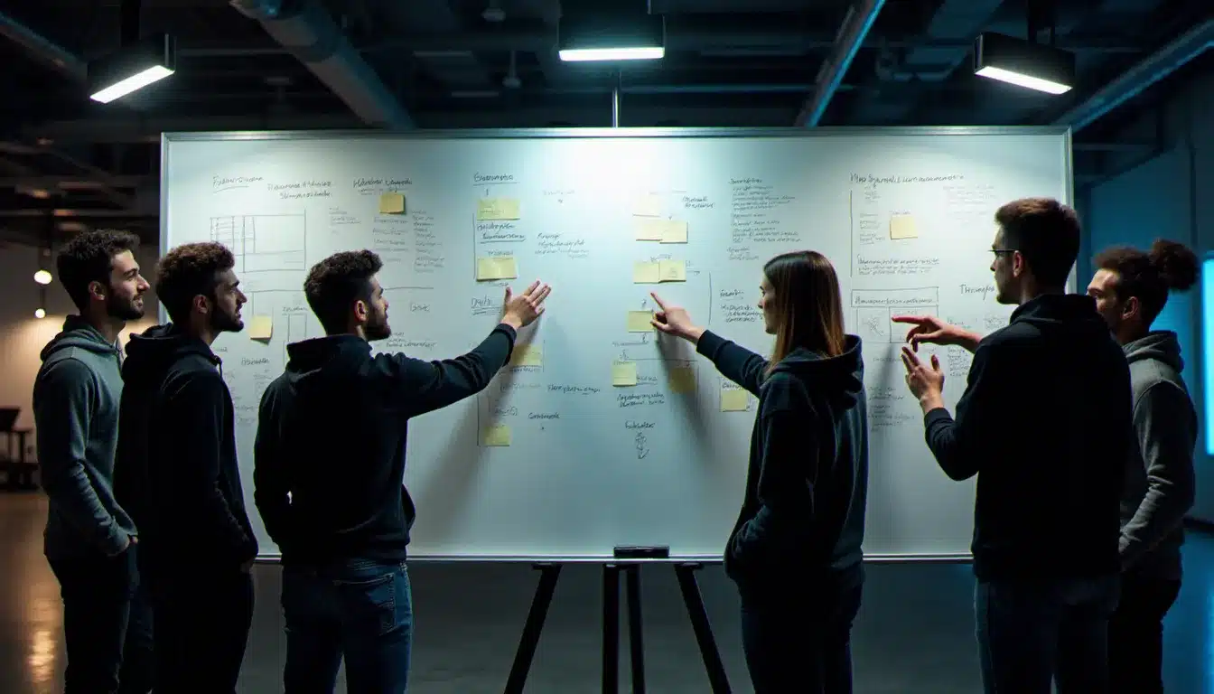 Équipe de makers en pulls techniques dont un pull Nike Tech avec capuche travaillant autour d'un tableau blanc lors d'une session nocturne de hackathon