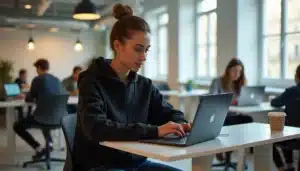Participante portant un pull Nike Tech avec capuche noir lors d'une session de travail intensif dans un espace de coworking parisien