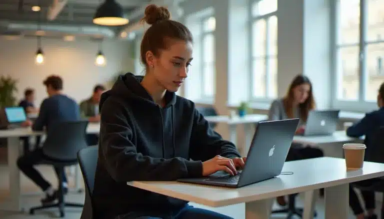 Participante portant un pull Nike Tech avec capuche noir lors d'une session de travail intensif dans un espace de coworking parisien