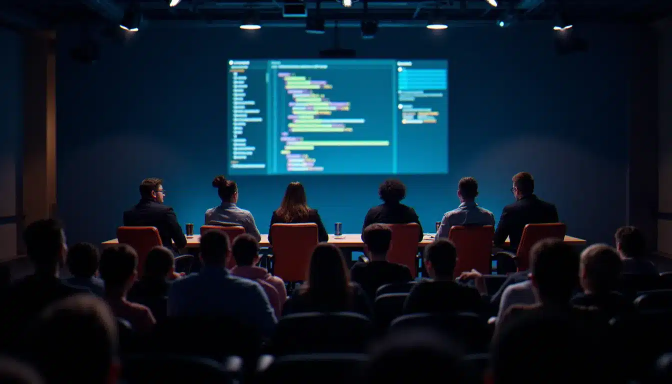 Jury mixte évaluant une démonstration technique lors d'une finale de hackathon dans un amphithéâtre moderne