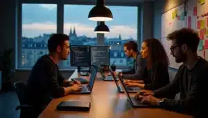 Équipe de développeurs travaillant sur un prototype pure tech lors d'un hackathon parisien, laptops ouverts et code visible sur les écrans