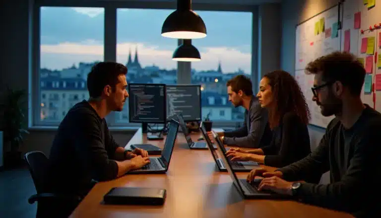 Équipe de développeurs travaillant sur un prototype pure tech lors d'un hackathon parisien, laptops ouverts et code visible sur les écrans