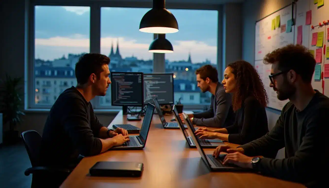Équipe de développeurs travaillant sur un prototype pure tech lors d'un hackathon parisien, laptops ouverts et code visible sur les écrans