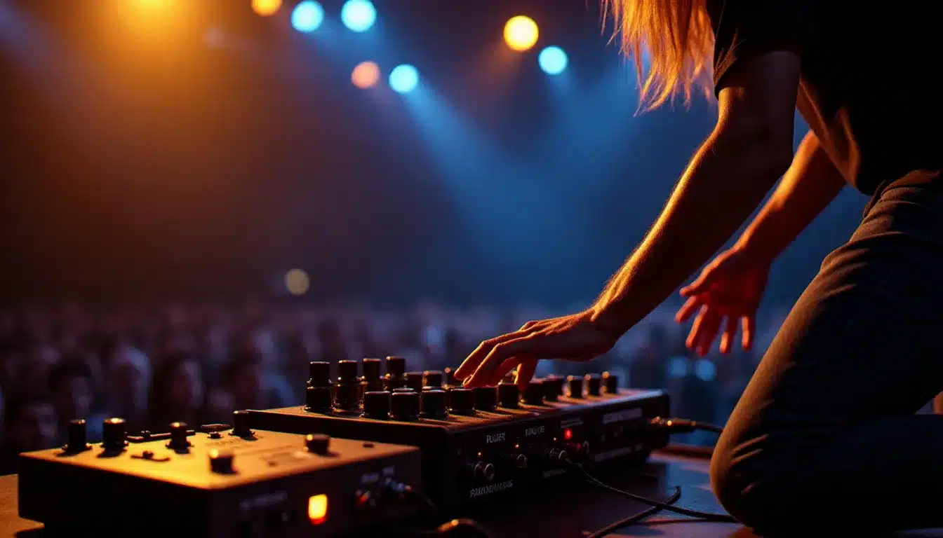 Bassiste professionnel en train de régler son préampli DI sur scène sous les éclairages d'un concert live avant la représentation