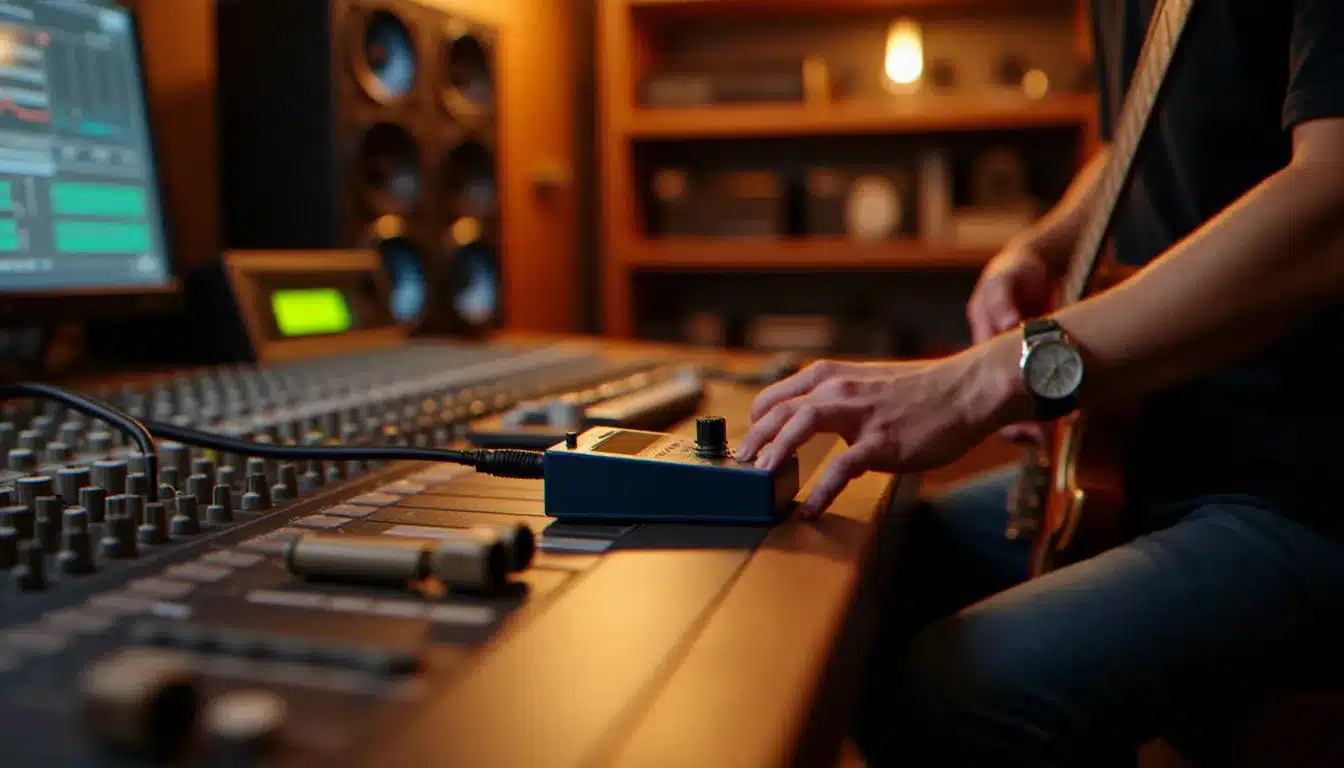 Ingénieur du son et bassiste en session d'enregistrement professionnelle avec un préampli SansAmp Tech 21 Bass connecté en DI directement à la console de mixage du studio