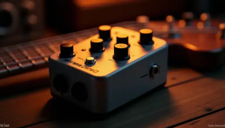 Préampli SansAmp Tech 21 Bass Driver DI posé sur un bureau de studio d'enregistrement avec une basse électrique visible en arrière-plan légèrement flou