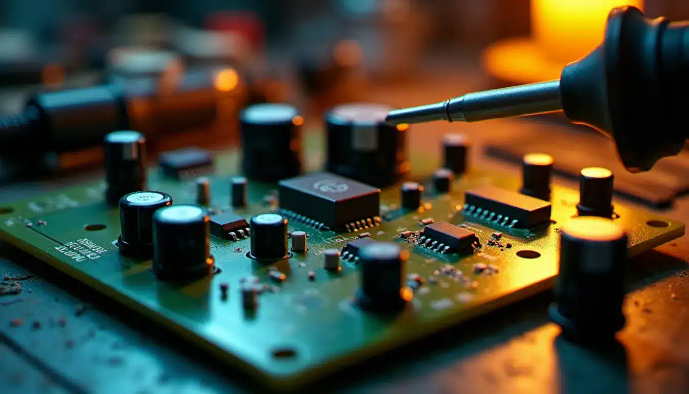 Circuit analogique discret d'un préampli guitare avec transistors bipolaires et potentiomètres ALPS sous éclairage d'atelier électronique