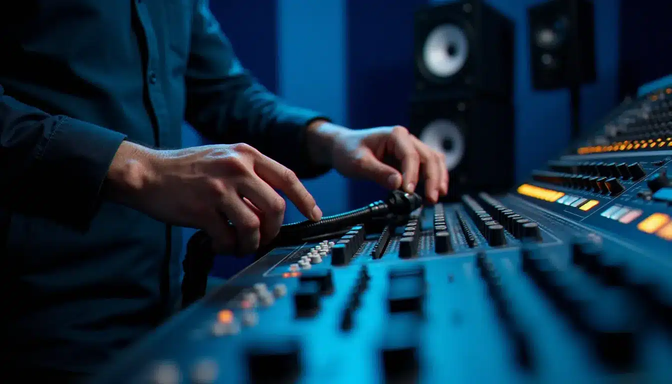 Ingénieur du son branchant un câble XLR depuis une pédale préampli SansAmp vers une console de mixage dans un studio professionnel
