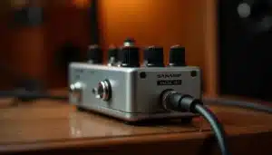 Préampli SansAmp Tech 21 Classic posé sur un bureau de studio avec un câble guitare branché, éclairage chaud de studio professionnel