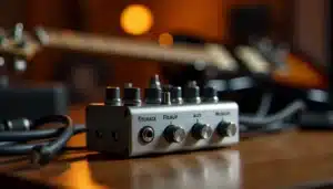 Préampli guitare analogique compact posé sur un bureau de studio, avec câbles et manche de guitare électrique vintage en arrière-plan, illustrant le style SansAmp Tech 21 GT2