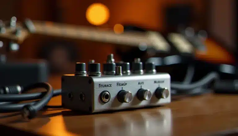 Préampli guitare analogique compact posé sur un bureau de studio, avec câbles et manche de guitare électrique vintage en arrière-plan, illustrant le style SansAmp Tech 21 GT2