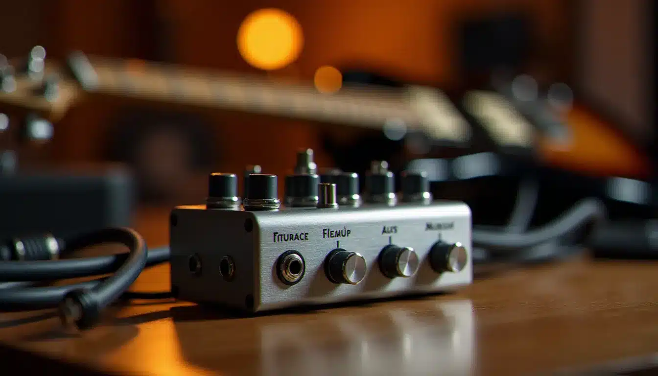 Préampli guitare analogique compact posé sur un bureau de studio, avec câbles et manche de guitare électrique vintage en arrière-plan, illustrant le style SansAmp Tech 21 GT2