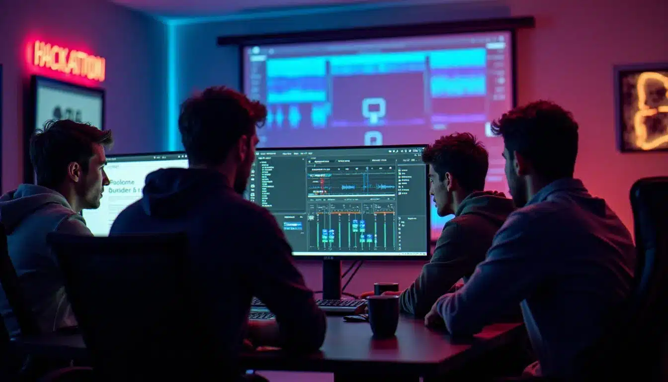 Équipe de développeurs travaillant de nuit sur un projet audio lors d'un hackathon, avec plusieurs écrans affichant des logiciels DAW et des plugins d'émulation analogique