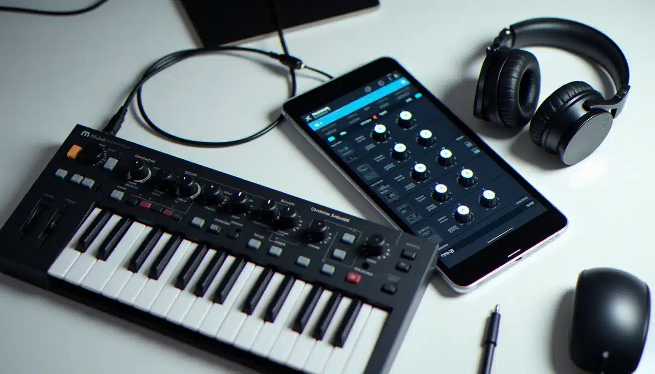 Vue aérienne d'un setup de production musicale avec interface audio, clavier MIDI et casque, illustrant l'environnement de travail type pour l'utilisation d'un plugin comme le SansAmp Tech 21