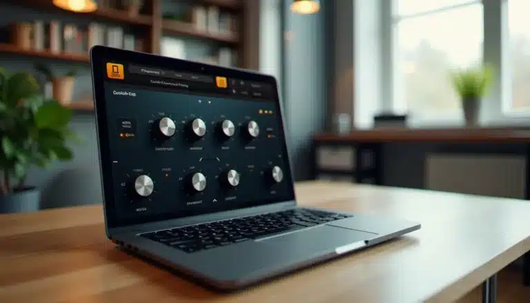 Interface du SansAmp Tech 21 plugin visible sur un écran d'ordinateur portable dans un espace de travail moderne, illustrant l'utilisation du plugin en contexte de prototypage audio