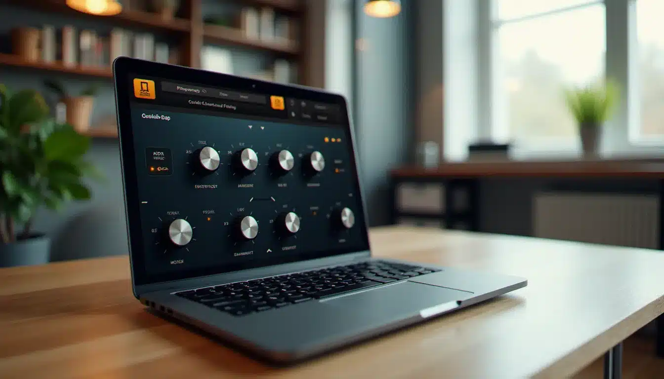 Interface du SansAmp Tech 21 plugin visible sur un écran d'ordinateur portable dans un espace de travail moderne, illustrant l'utilisation du plugin en contexte de prototypage audio
