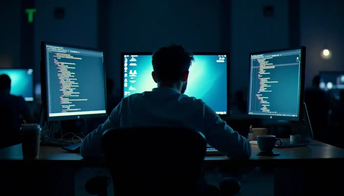 Développeur travaillant seul la nuit lors d'un hackathon HI Paris, entouré d'écrans affichant des visualisations de données complexes