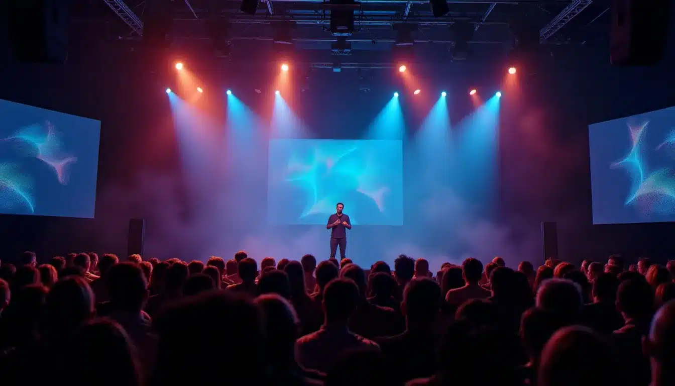 Conférencier sur la scène principale d'un festival tech devant plusieurs centaines de participants, dans une atmosphère mêlant conférence professionnelle et énergie de festival