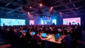 Salle de hackathon tech and fest 2026 avec des centaines de participants travaillant sur leurs projets sous un éclairage coloré avec une scène musicale en arrière-plan
