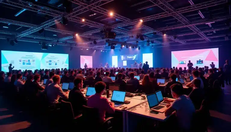 Salle de hackathon tech and fest 2026 avec des centaines de participants travaillant sur leurs projets sous un éclairage coloré avec une scène musicale en arrière-plan