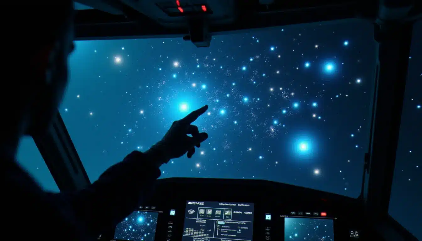 Carte galactique holographique dans Elite Dangerous affichant la localisation d'un Tech Broker dans un système stellaire voisin