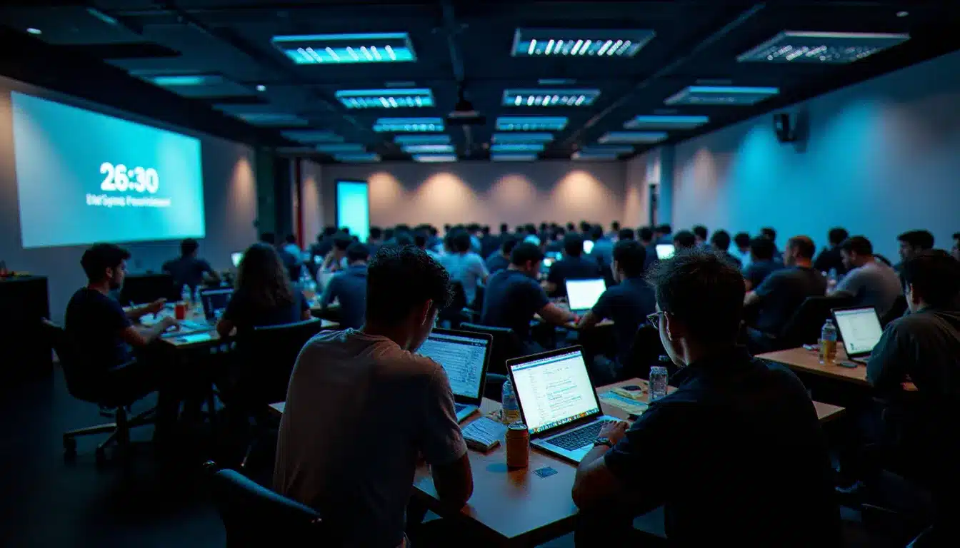 Participants concentrés lors d'un hackathon nocturne, tableaux blancs couverts de schémas et post-its illustrant l'intensité des événements tech france