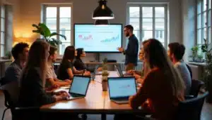 Équipe tech diverse travaillant en collaboration dans un espace moderne parisien, illustrant la dynamique de la tech france