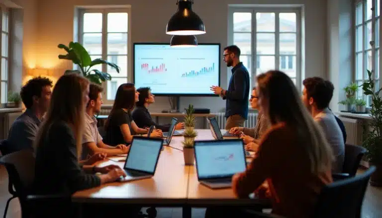 Équipe tech diverse travaillant en collaboration dans un espace moderne parisien, illustrant la dynamique de la tech france