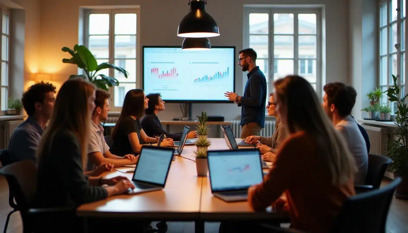 Équipe tech diverse travaillant en collaboration dans un espace moderne parisien, illustrant la dynamique de la tech france