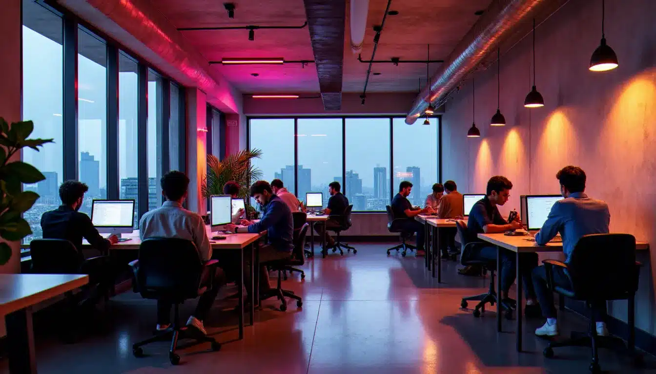 Espace de coworking animé d'Andheri East avec des développeurs et product managers travaillant en open space, reflet de la culture startup du quartier tech