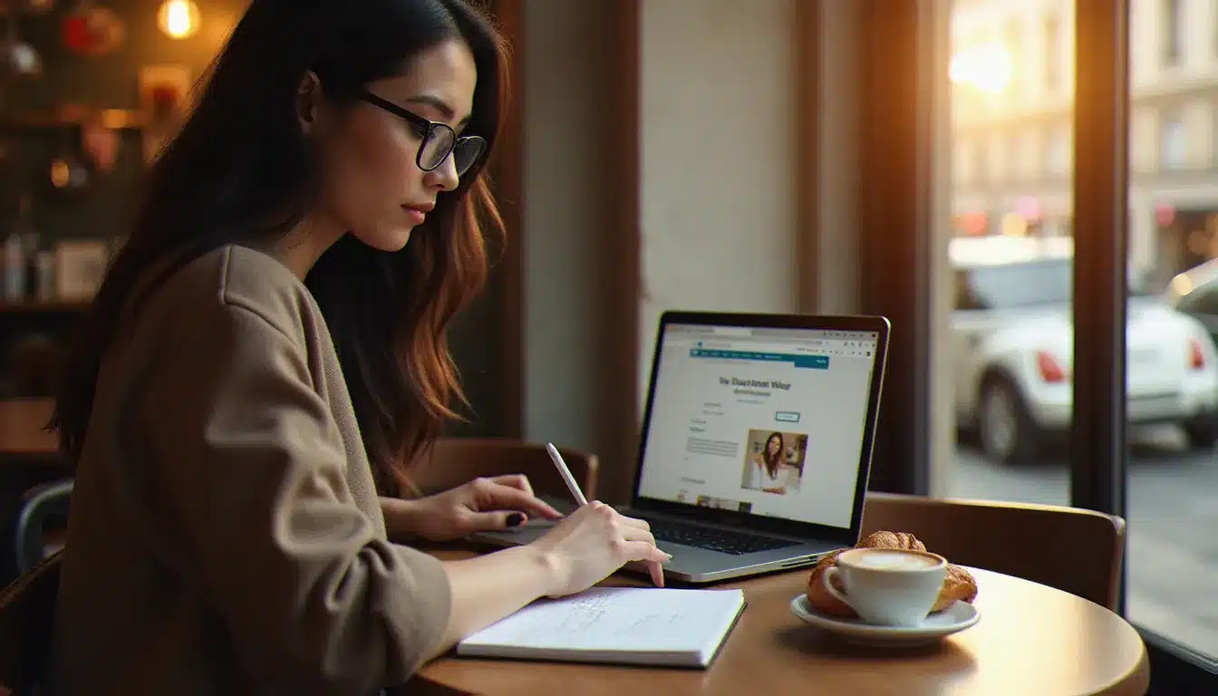 Jeune femme concentrée analysant une liste manuscrite de cadeaux tech dans un café parisien, utilisant un laptop pour consulter un tech guide gift site et sélectionner des idées adaptées au profil du destinataire