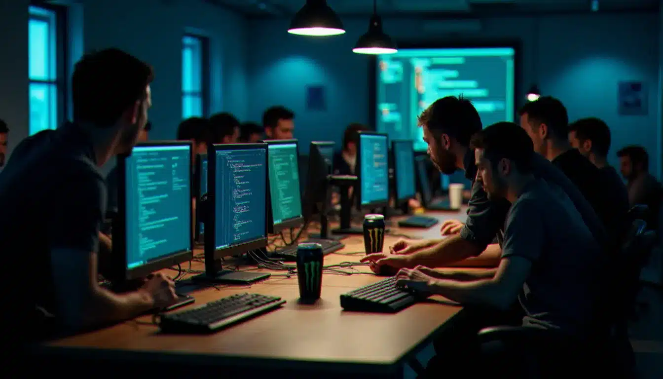 Salle de hackathon animée en pleine nuit avec des développeurs concentrés sur leurs écrans de code, illustrant comment les hackathons révèlent les besoins réels en outils tech qui inspirent les meilleures recommandations d'un tech guide gift site
