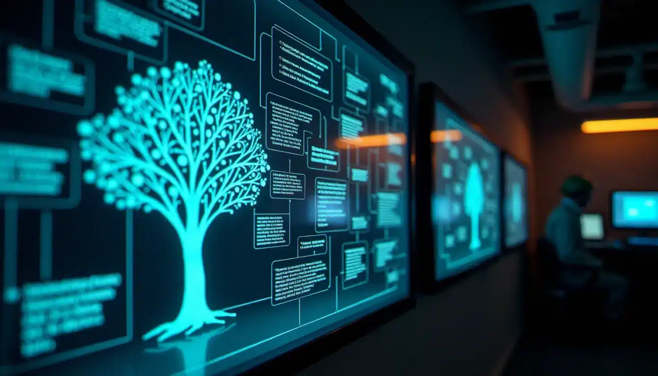 Arbre technologique holographique dans un centre de commandement représentant les branches de recherche du tech guide Last War