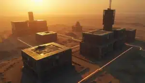Vue aérienne d'une base militaire futuriste dans Last War avec des bâtiments de recherche technologique interconnectés, illustrant le tech guide Last War