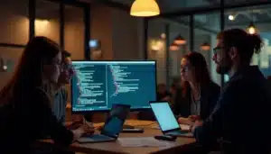 Équipe de développeurs passant en revue la structure d'un dépôt GitHub pour préparer leur tech guide naveen assignment submission lors d'un hackathon parisien