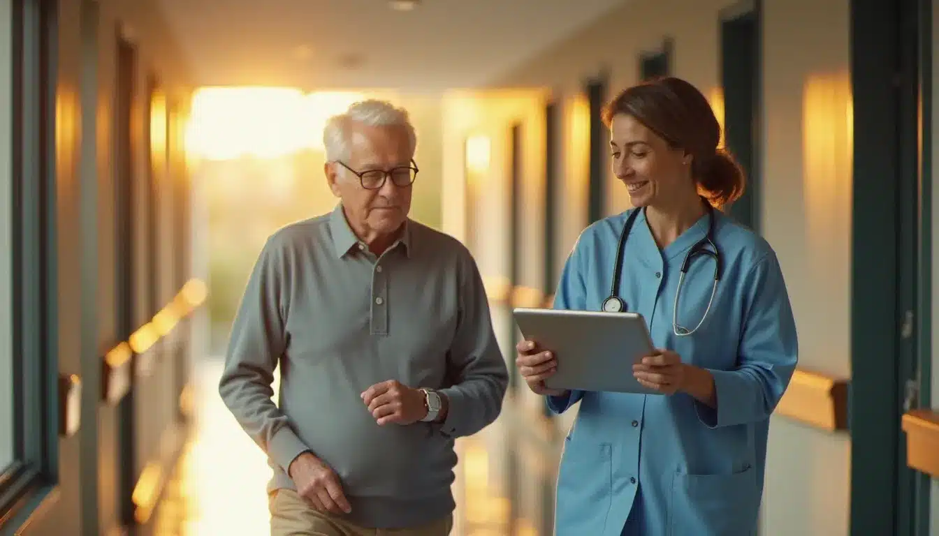 Patient parkinsonien équipé d'un wearable de détection de la démarche accompagné d'un physiothérapeute dans un couloir hospitalier, illustrant les applications concrètes des technologies issues du tech guide Parkinson's UK