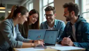 Équipe de développeurs travaillant sur un projet tech guide Parkinson's UK lors d'un hackathon santé à Paris, analysant des données de démarche sur écran
