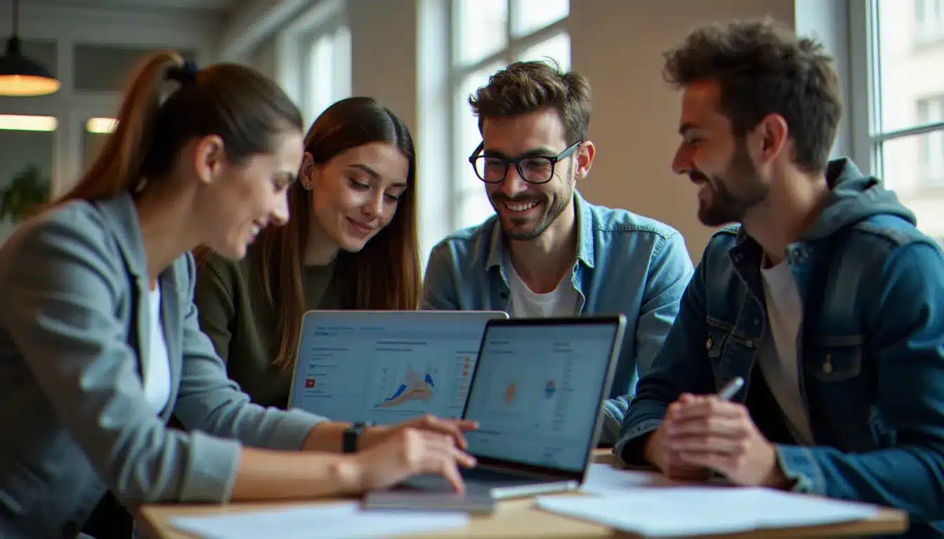Équipe de développeurs travaillant sur un projet tech guide Parkinson's UK lors d'un hackathon santé à Paris, analysant des données de démarche sur écran