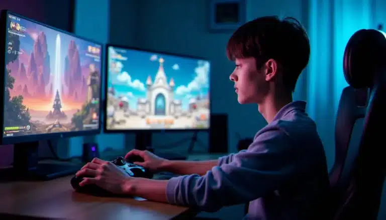 Joueur concentré devant un écran affichant un combat du tech guide Tales of Symphonia sur GameCube, ambiance gaming moderne