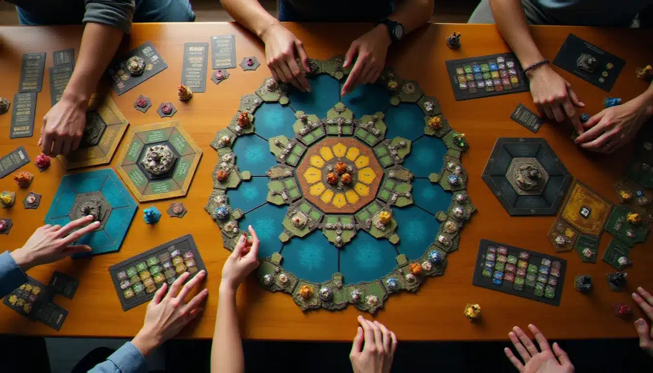 Vue aérienne d'une table de jeu avec des tuiles hexagonales représentant des systèmes planétaires, des pièces métalliques de factions et des cartes technologie réparties sur une surface en bois, illustrant la complexité stratégique de l'arbre tech