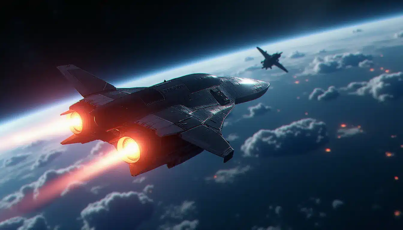 Un vaisseau spatial futuriste avec des moteurs à plasma allumés quitte une station orbitale en orbite terrestre basse, la Terre visible en arrière-plan, représentant les technologies spatiales avancées de Terra Invicta