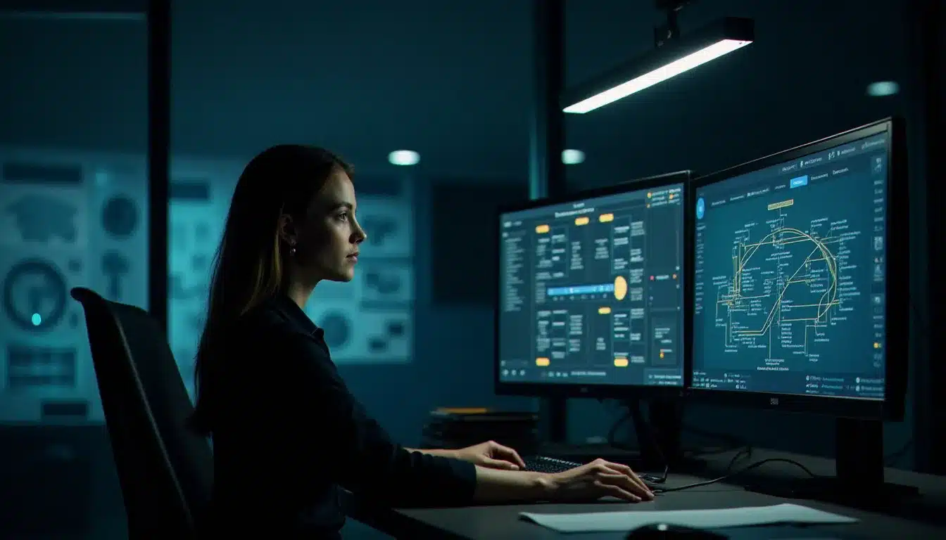 Une joueuse experte consulte un arbre technologique complexe de Terra Invicta sur deux écrans dans un bureau de nuit, avec des schémas orbitaux imprimés autour d'elle, illustrant la profondeur du tech guide Terra Invicta