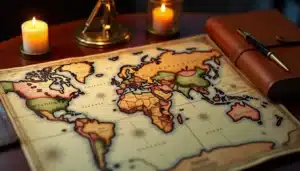 Carte du monde victorienne et instruments de navigation posés sur un bureau en acajou, illustrant la stratégie du tech guide Victoria 2 et l'exploration de l'arbre technologique