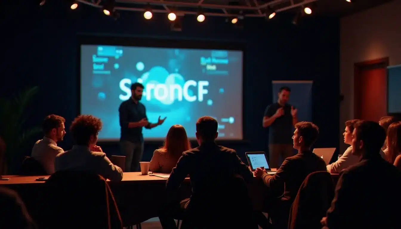 Équipe de participants présentant leur prototype devant un jury de professionnels lors d'une finale de hackathon, moment clé où le courant tech tɛk est fleuve se concrétise en solution réelle