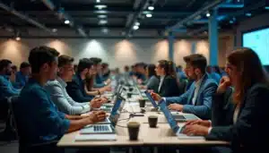 Vue d'ensemble d'un hackathon tech en pleine action avec des équipes pluridisciplinaires concentrées sur leurs projets, illustrant l'énergie du flux tech tɛk est fleuve