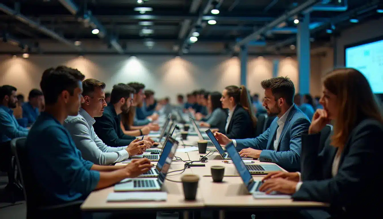 Vue d'ensemble d'un hackathon tech en pleine action avec des équipes pluridisciplinaires concentrées sur leurs projets, illustrant l'énergie du flux tech tɛk est fleuve