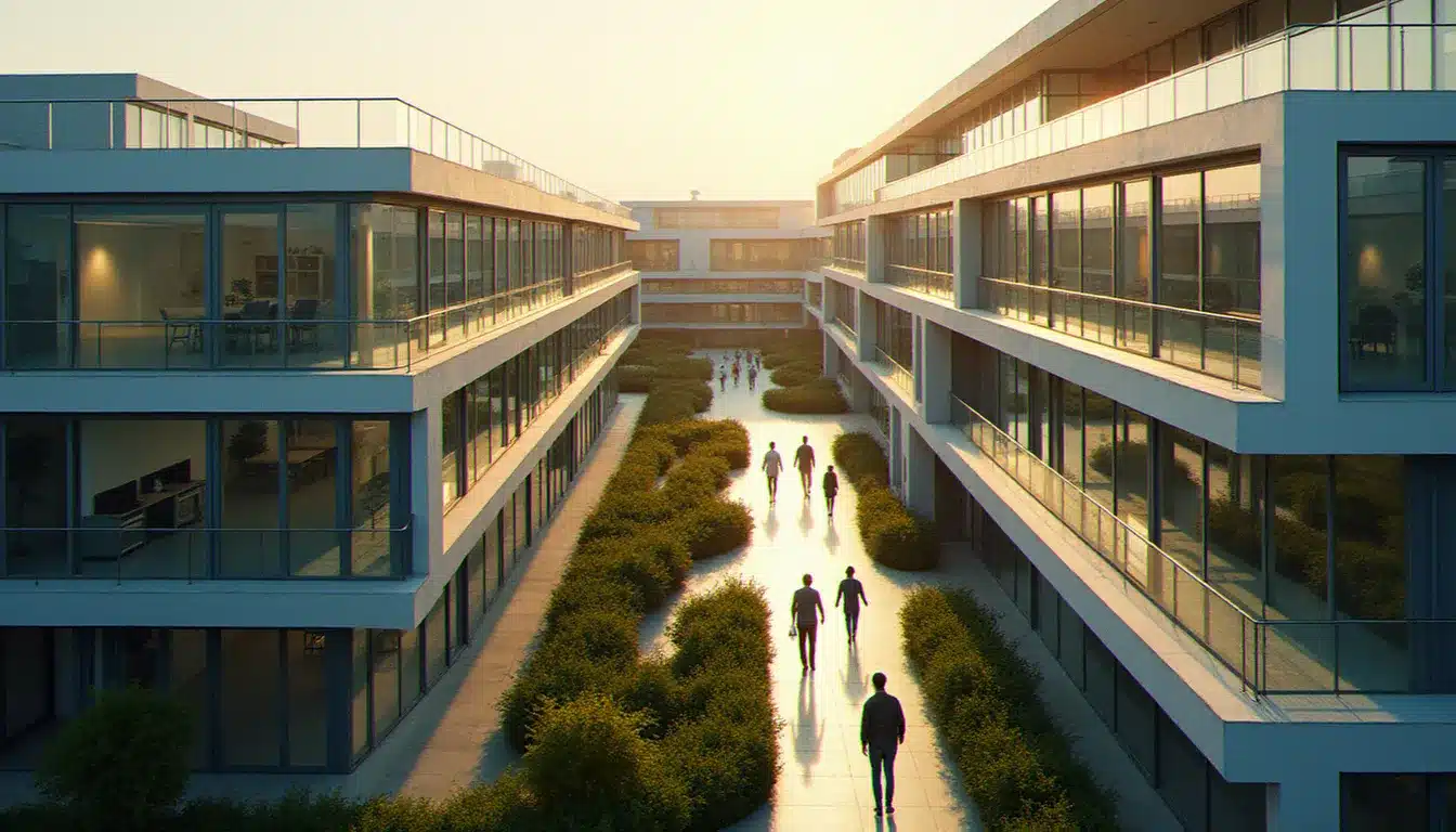 Vue aérienne d'un campus de recherche biotech français moderne avec des laboratoires en verre et des chercheurs circulant entre les bâtiments