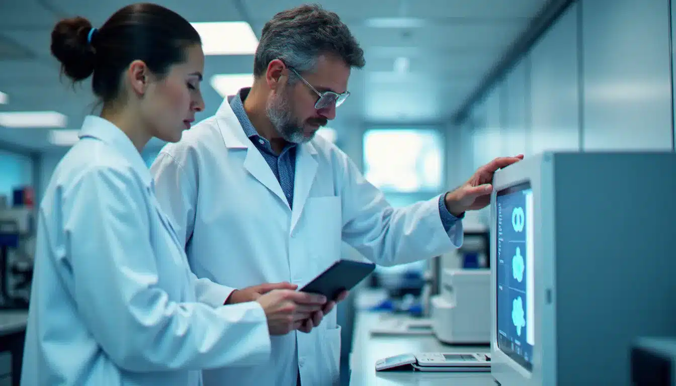 Deux scientifiques collaborant sur un projet techbio en France, l'un tenant une tablette avec des modèles de protéines et l'autre utilisant un séquenceur ADN de paillasse