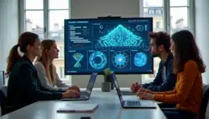 Équipe multidisciplinaire travaillant sur un projet techbio en France dans un espace de co-working parisien moderne avec des visualisations de données génomiques à l'écran