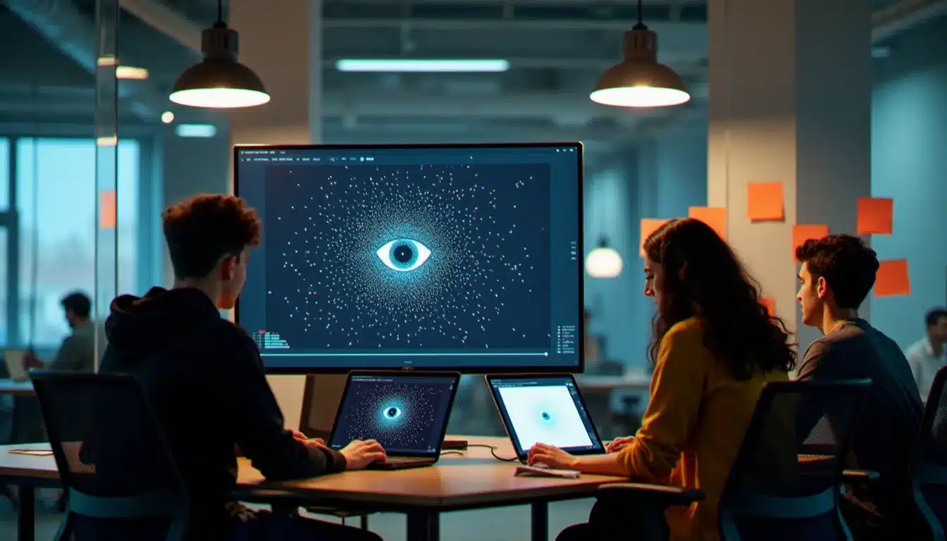 Équipe de quatre participants au hackathon HI Paris analysant des données de suivi oculaire sur écran en temps réel